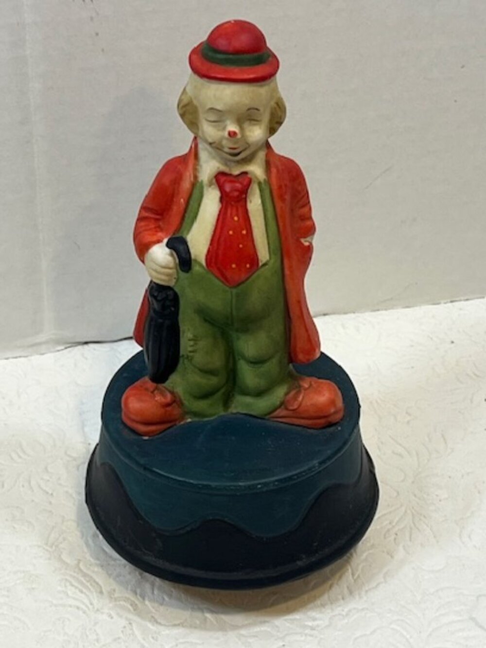 VTG Circus Hobo Clown w/Umbrella Ceramic Wind-Up Revolving Music Box 7.25"x4"